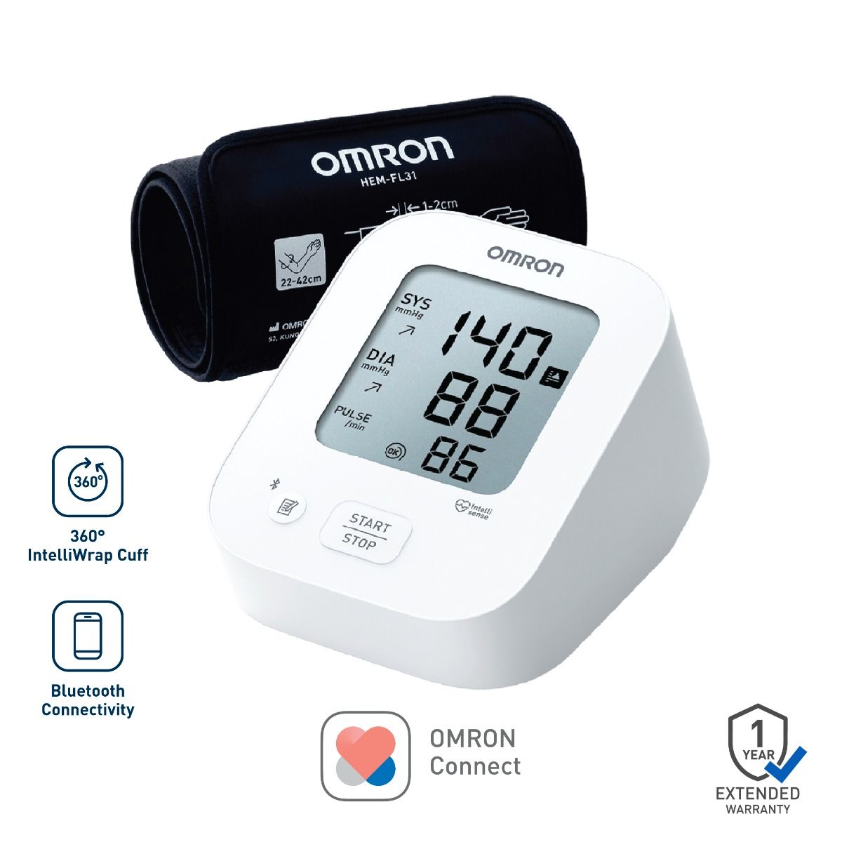 Omron HEM-7183T1-FLIN Automatic Upper Arm Blood Pressure Monitor with Bluetooth, IntelliWrap 360° Accuracy Cuff & Large Display