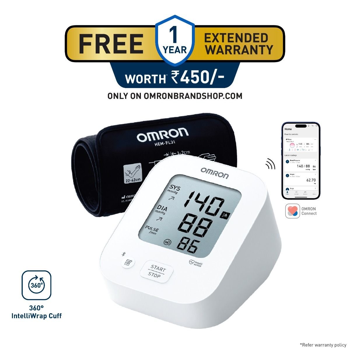 Omron HEM-7183T1-FLIN Automatic Upper Arm Blood Pressure Monitor with Bluetooth, IntelliWrap 360° Accuracy Cuff & Large Display