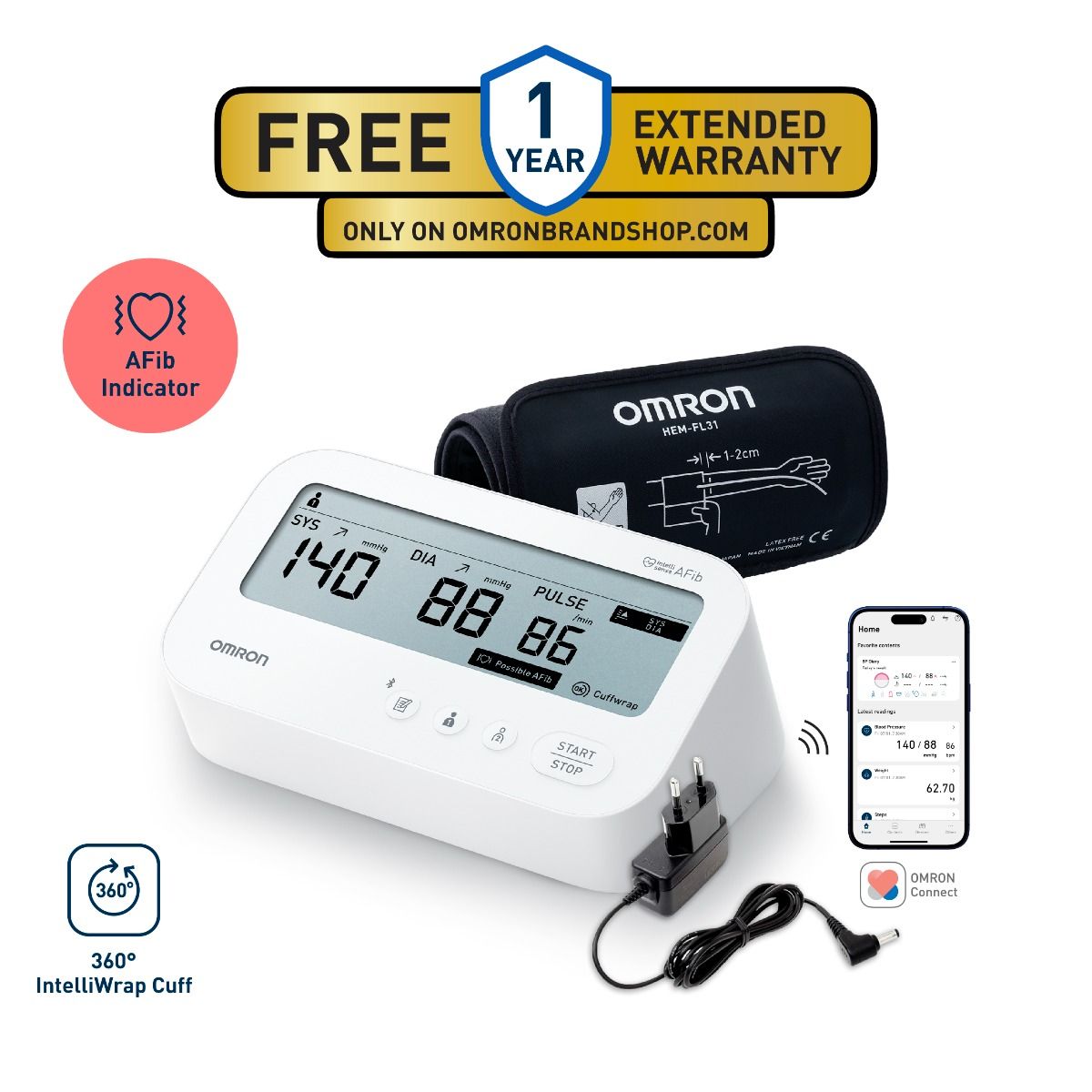 Omron HEM-7194T1-FLBIN Automatic Upper Arm Blood Pressure Monitor with AFib Detection, IntelliWrap 360° Accuracy Cuff, Large Display & AC Adapter