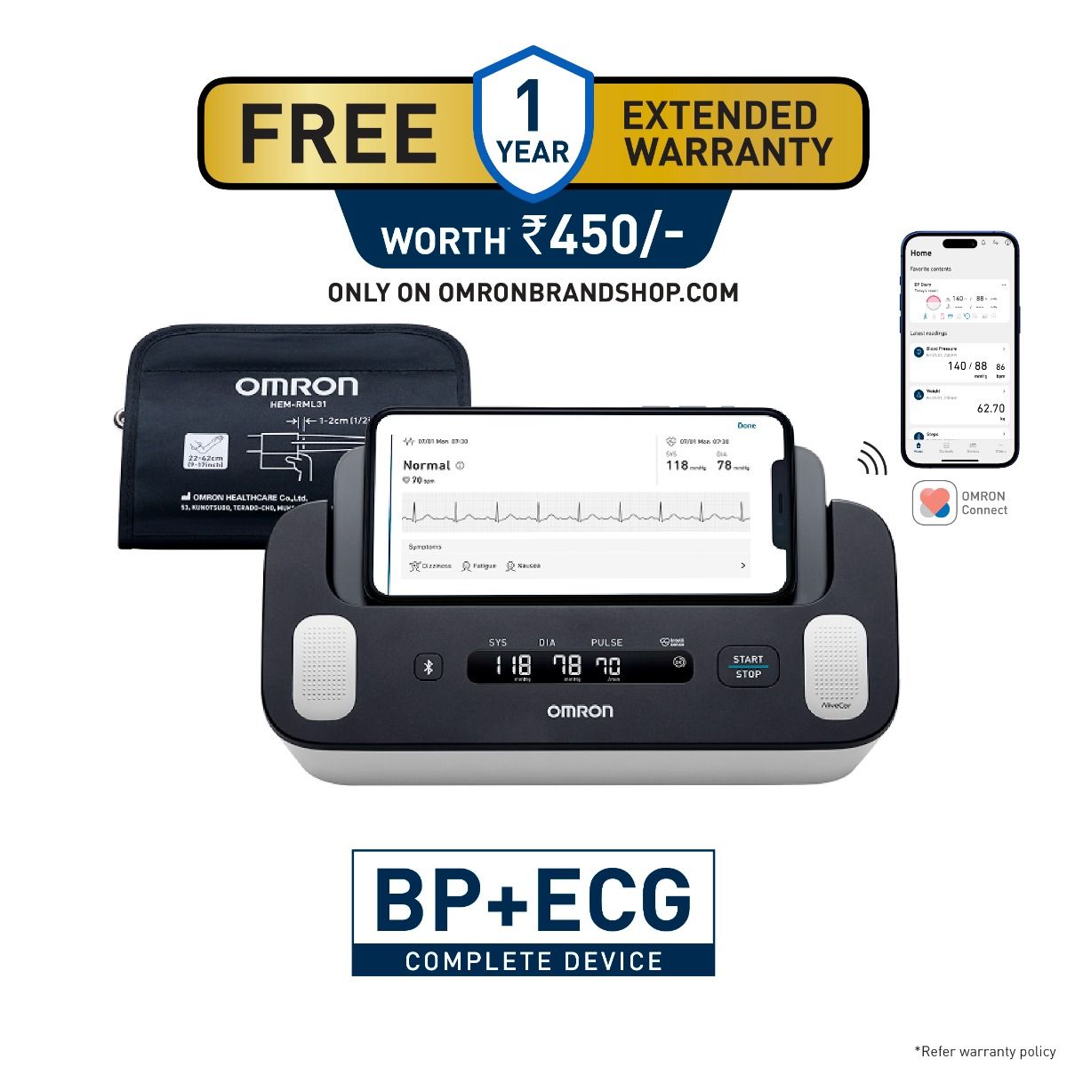 Omron Complete HEM-7530T-AP3, 2-in-1 Upper Arm Blood Pressure Monitor with ECG, AFib Detection & Bluetooth Connectivity
