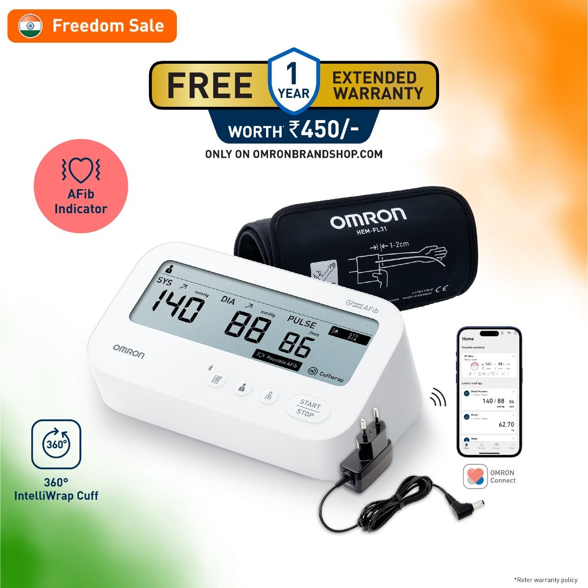 Omron HEM-7194T1-FLBIN Automatic Upper Arm Blood Pressure Monitor with AFib Detection, IntelliWrap 360° Accuracy Cuff, Large Display & AC Adapter