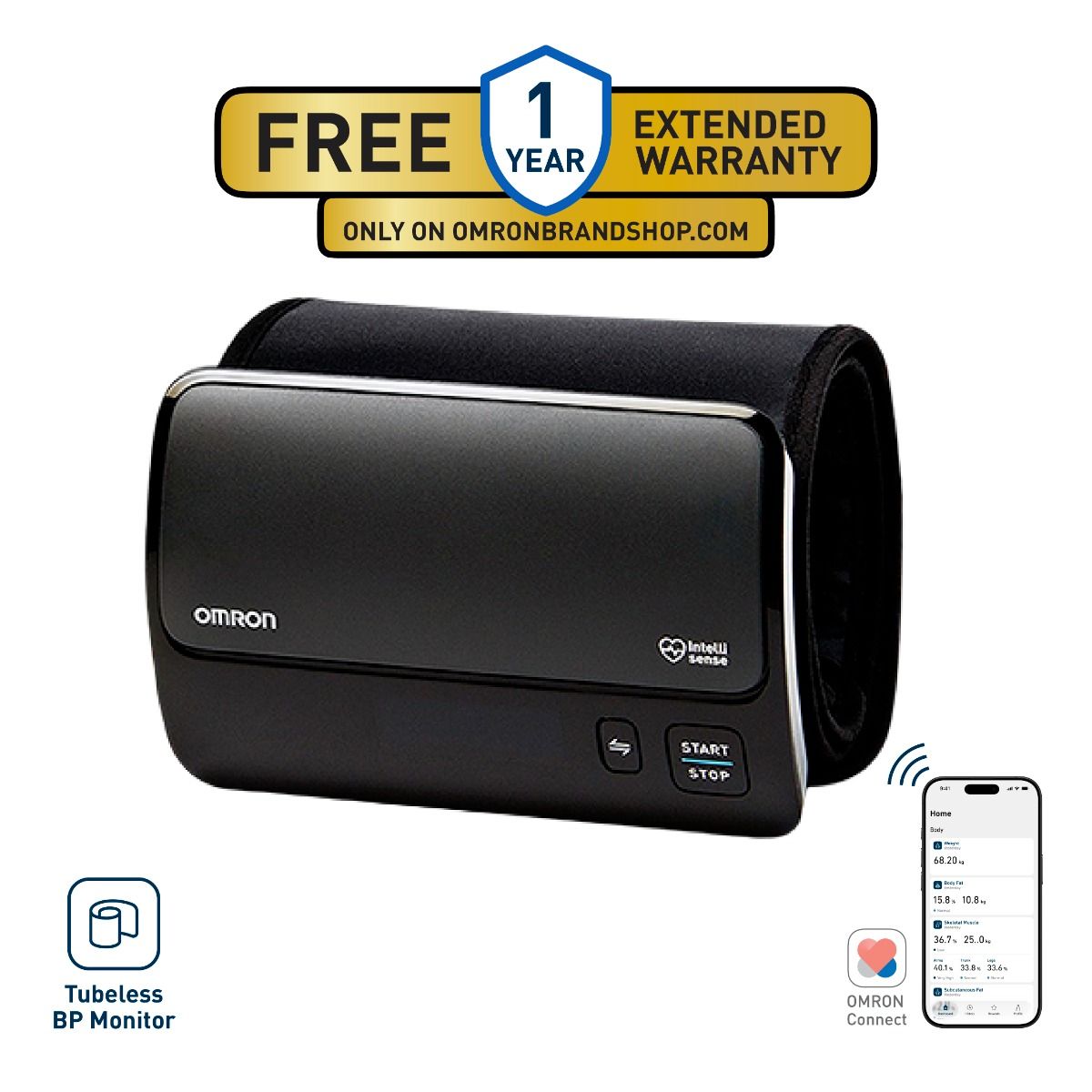 Omron HEM-7600T Smart Elite+ Advanced Tubeless Blood Pressure Monitor with 360° Accuracy IntelliWrap™ Cuff