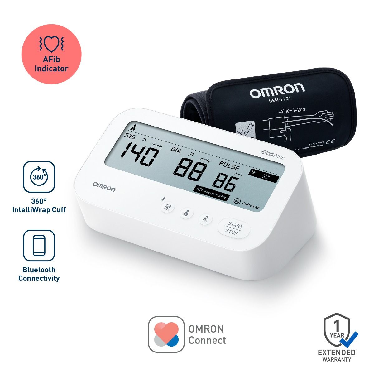 Omron HEM-7194T1-FLIN Automatic Upper Arm Blood Pressure Monitor with AFib Detection, IntelliWrap 360° Accuracy Cuff & Bluetooth