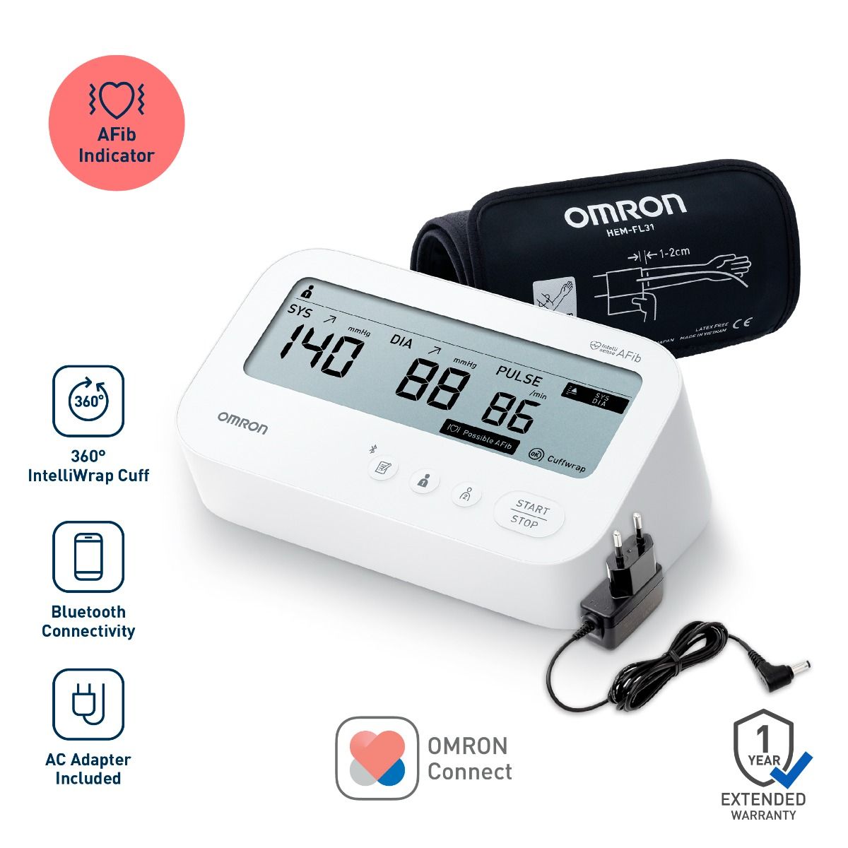 Omron HEM-7194T1-FLBIN Automatic Upper Arm Blood Pressure Monitor with AFib Detection, IntelliWrap 360° Accuracy Cuff, Large Display & AC Adapter
