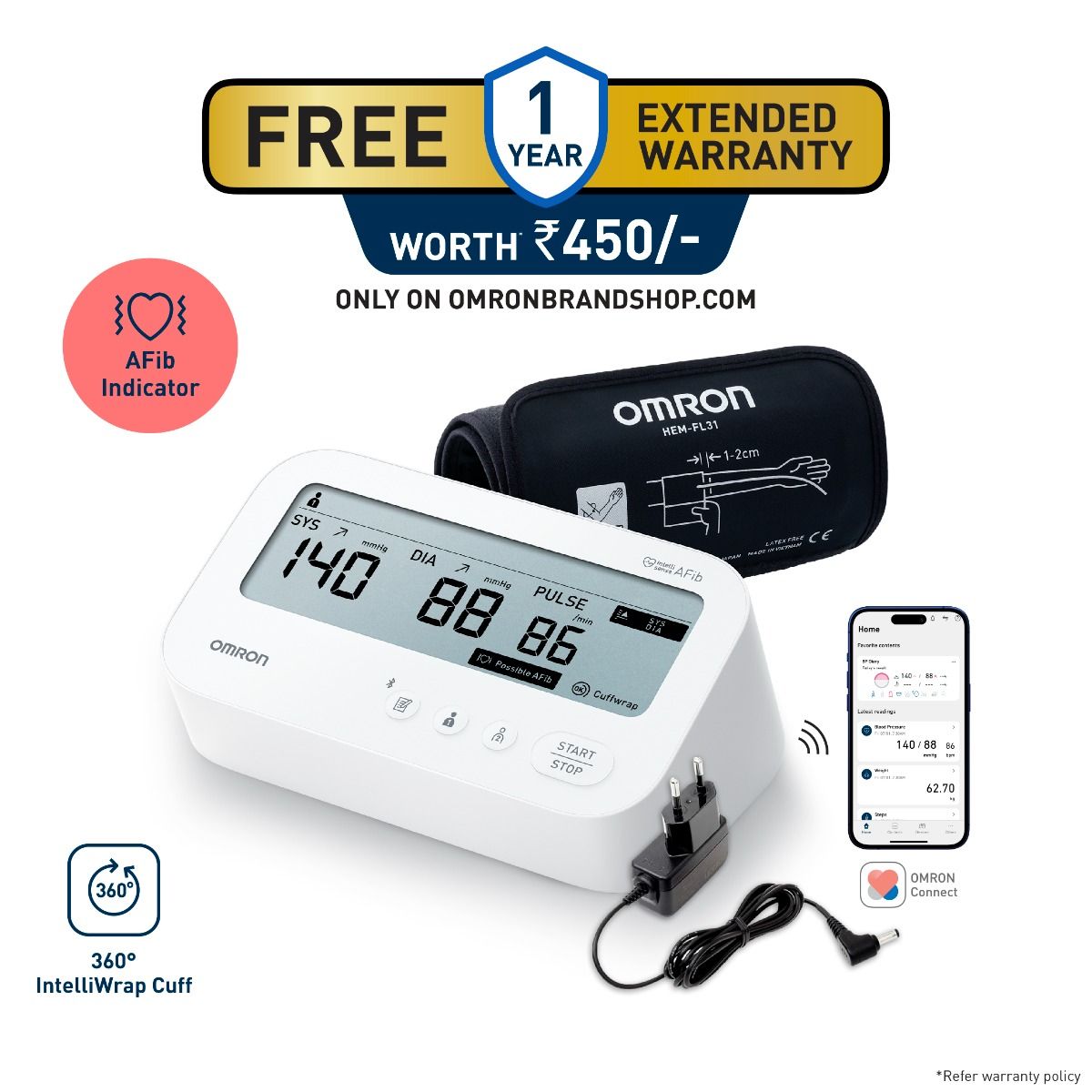 Omron HEM-7194T1-FLBIN Automatic Upper Arm Blood Pressure Monitor with AFib Detection, IntelliWrap 360° Accuracy Cuff, Large Display & AC Adapter