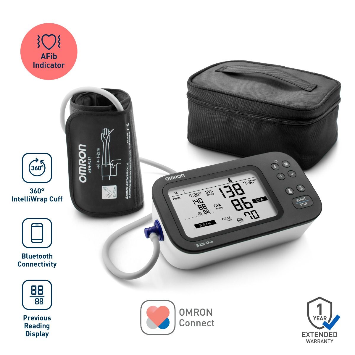 Omron HEM-7383T1-AP Smart Upper Arm Blood Pressure Monitor with AFib Detection, Bluetooth, Dual Display & IntelliWrap 360° Accuracy Cuff